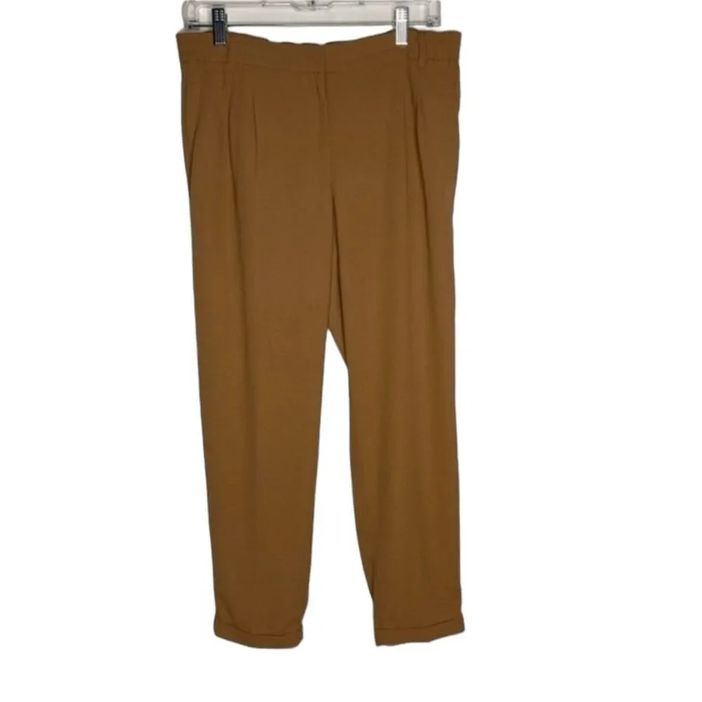Bar III Pants Women's M Brown Camel Pleated Front Mid Rise Elastic Waist Cuffed